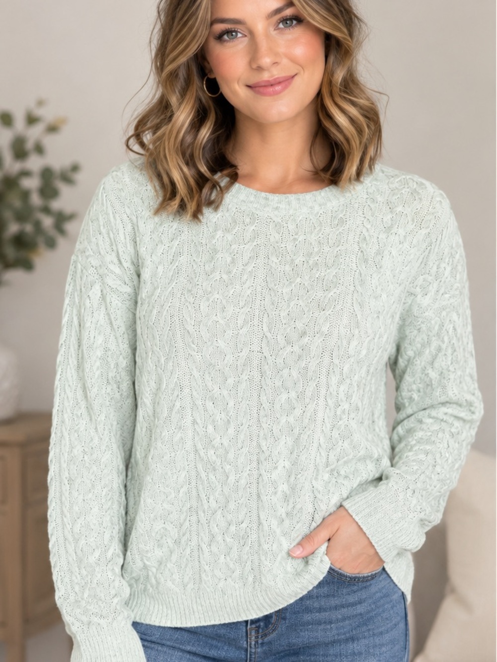 American Eagle Mint Green Cable-Knit Crewneck Sweater Womens XL wool blend